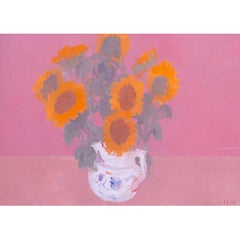 Moderne britische Ölstudie von Sonnenblumen auf Rosa von Bernard Myers