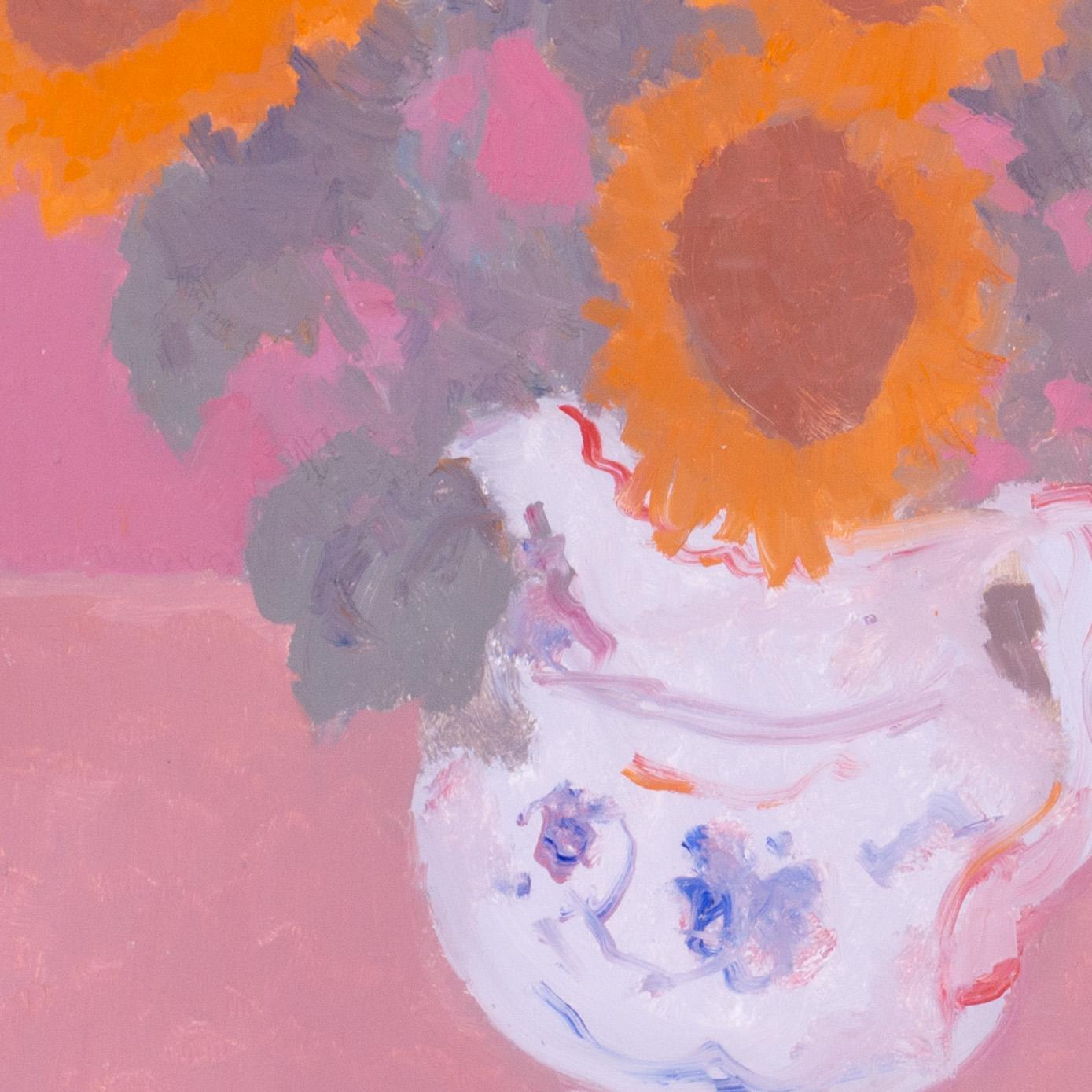 Étude à l'huile moderne British de tournesols sur fond rose par Bernard Myers en vente 5