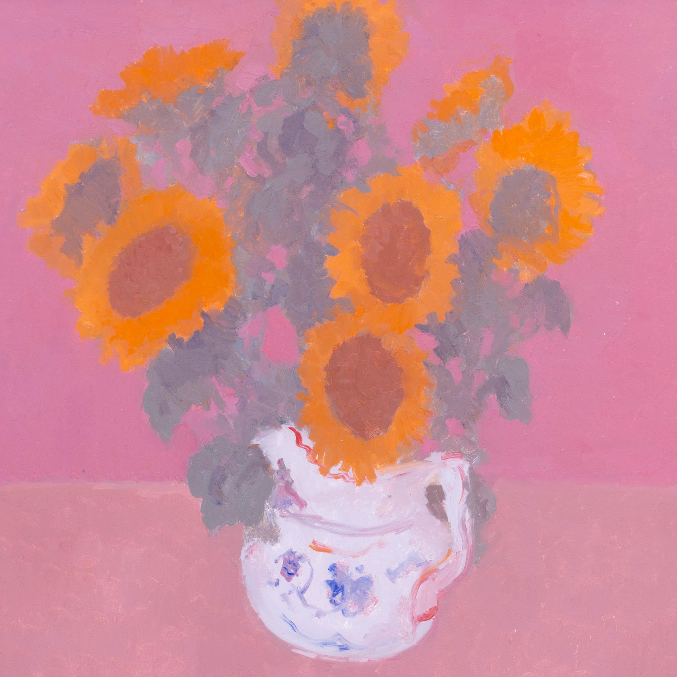 Étude à l'huile moderne British de tournesols sur fond rose par Bernard Myers en vente 2