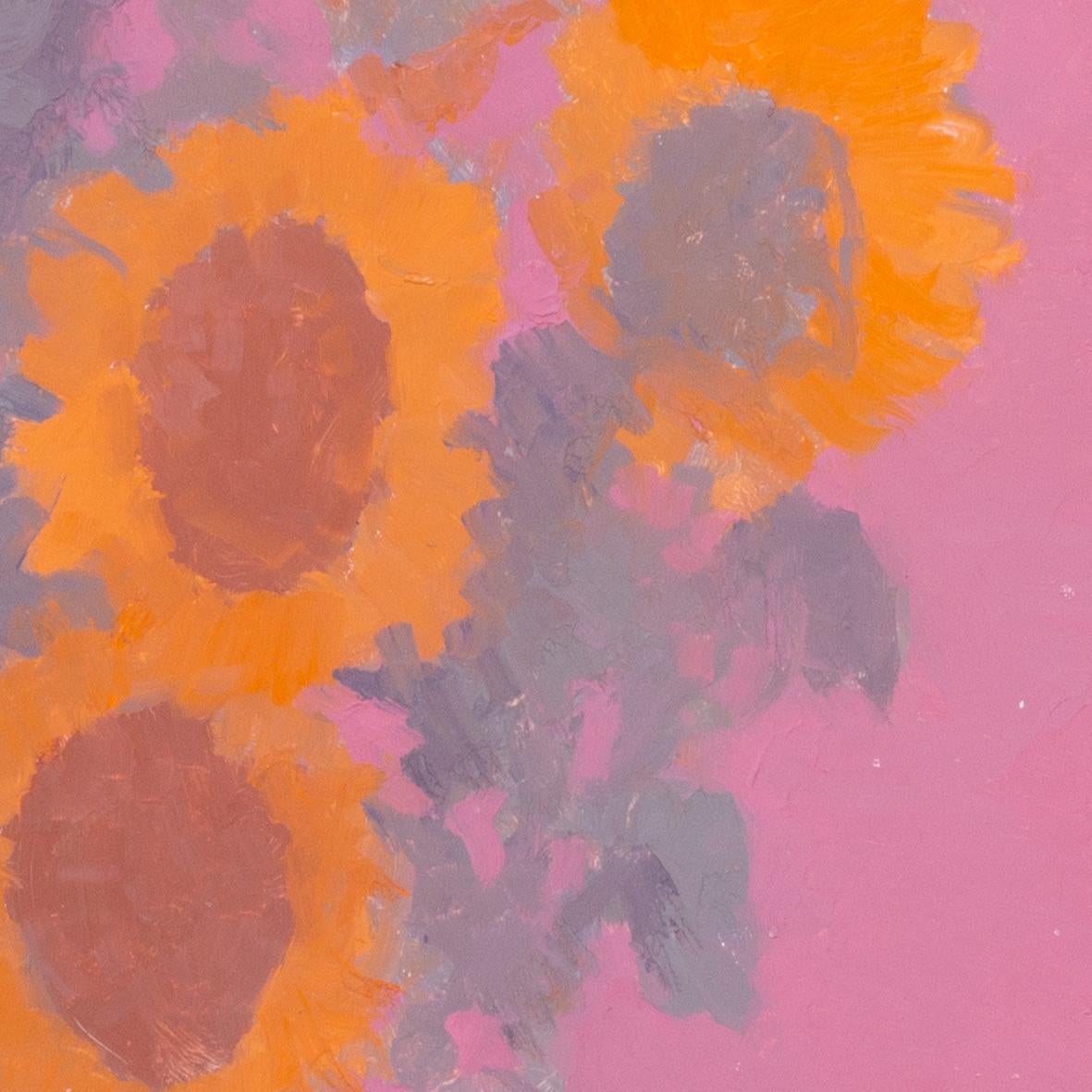 Étude à l'huile moderne British de tournesols sur fond rose par Bernard Myers en vente 4
