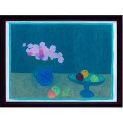 Modern British oil study of Chrysantheumums on teal by Bernard Myers