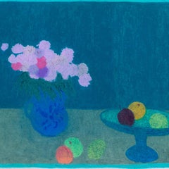Modern British oil study of Chrysantheumums on teal by Bernard Myers