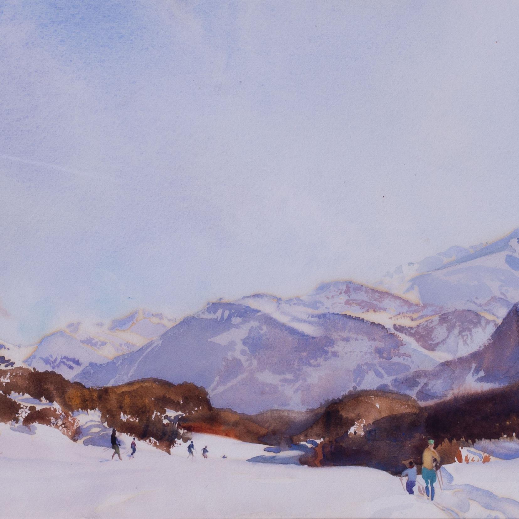 Russell Flint watercolour of skiing near St. Moritz, British, 20th Century - Academic Art by Sir William Russell Flint RA ROI 