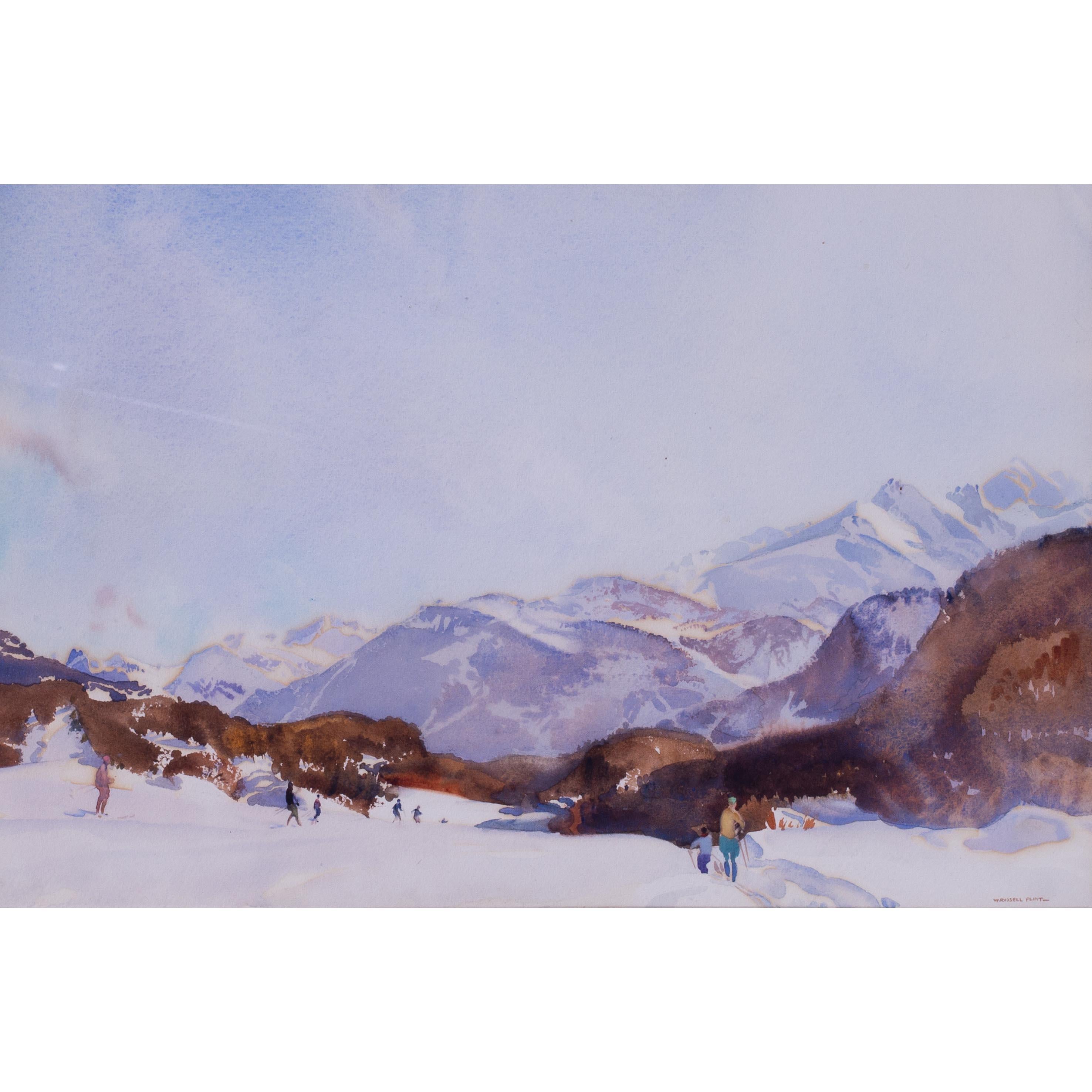Russell Flint watercolour of skiing near St. Moritz, British, 20th Century For Sale 2