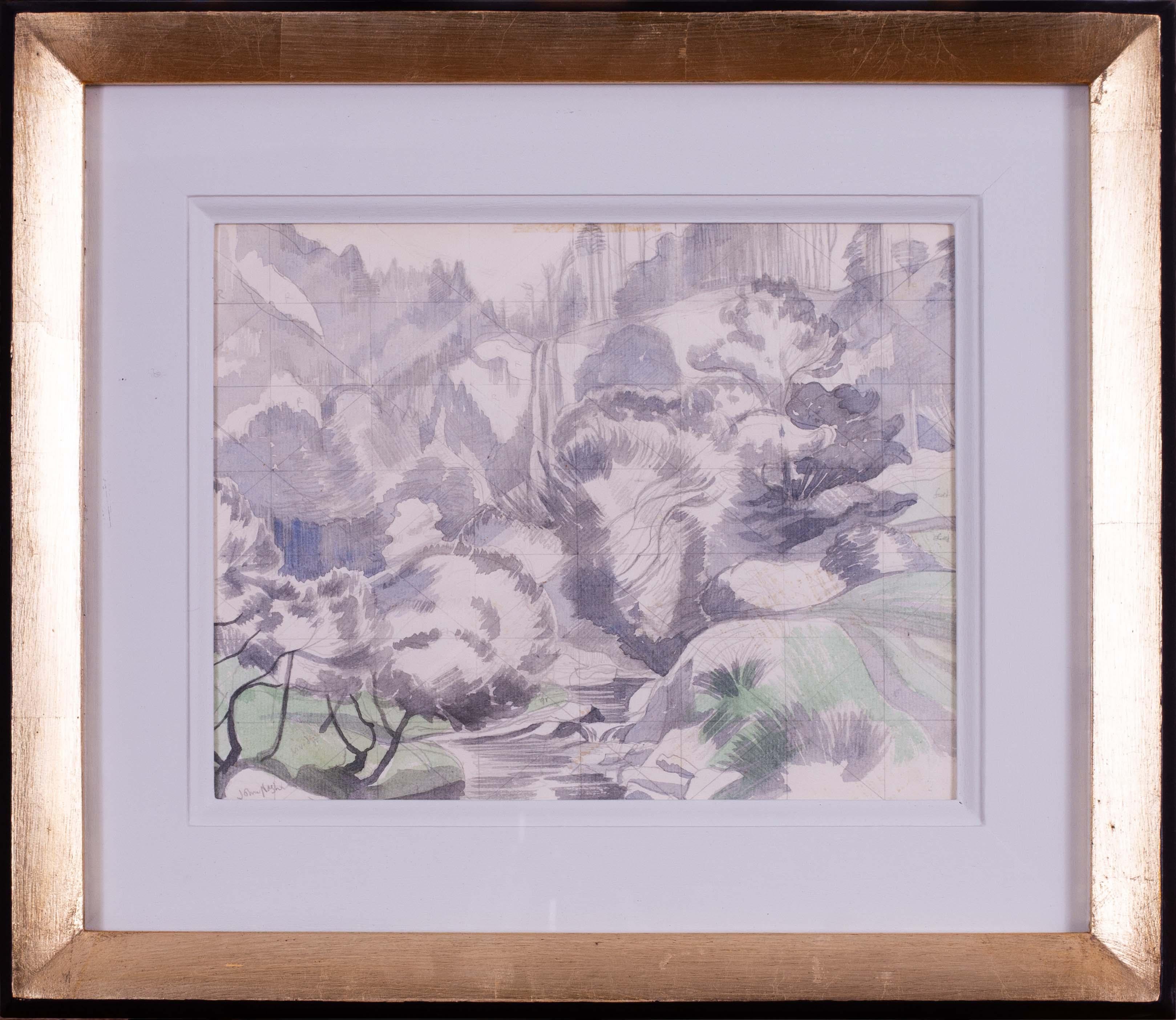 Acquerello di John Northcote Nash raffigurante Le cascate vicino a Denbigh, nel Galles del Nord