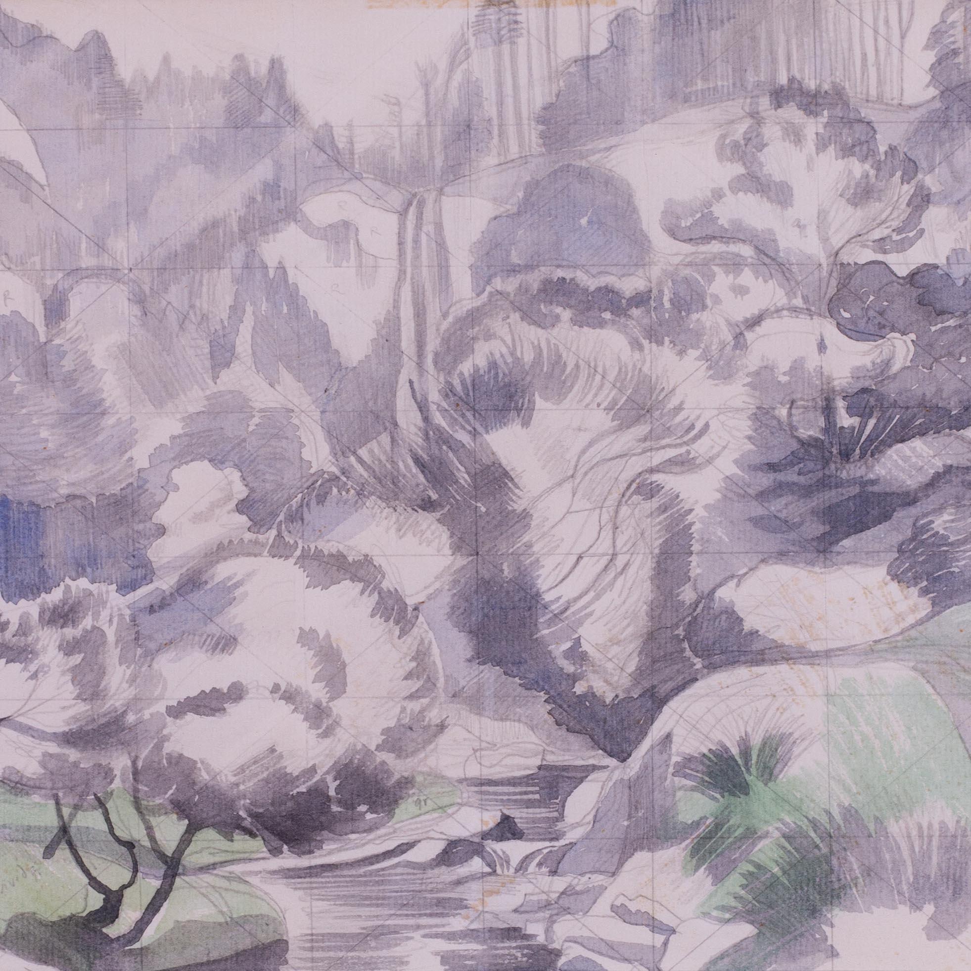 Aquarelle de John Northcote Nash représentant les chutes près de Denbigh, au nord du Pays de Galles. - Moderne Art par John Northcote Nash CBE RA