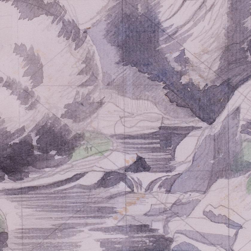 John Northcote Nash CBE RA (britannique, 1893-1977)
Les chutes près de Denbigh
Crayon et aquarelle avec quadrillage
Signé en bas à gauche : John Nash
8.375 x 10.875 in. (21.5 x 27.5 cm)

Étude finement observée du paysage du nord du Pays de Galles,