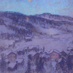 American 20th century night time landscape painting of Gstaad by Horton, pastel