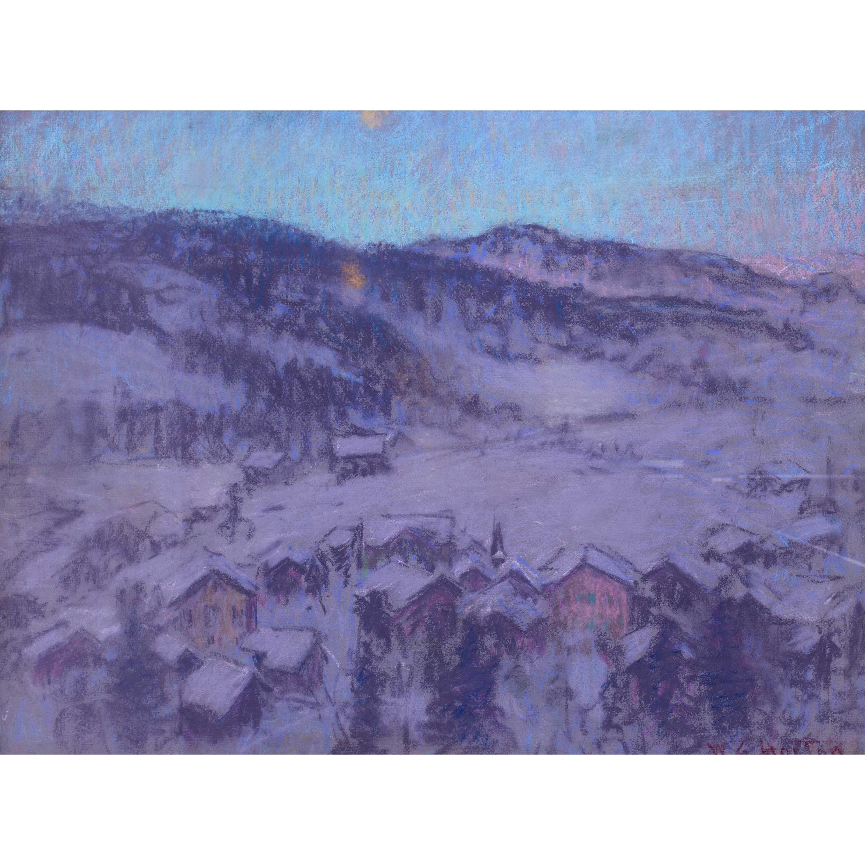 Paisaje nocturno americano del siglo XX de Gstaad por Horton, pastel en venta 1