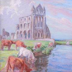 American 20th century landscape painting of Whitby Abbey UK by Horton, pastel
