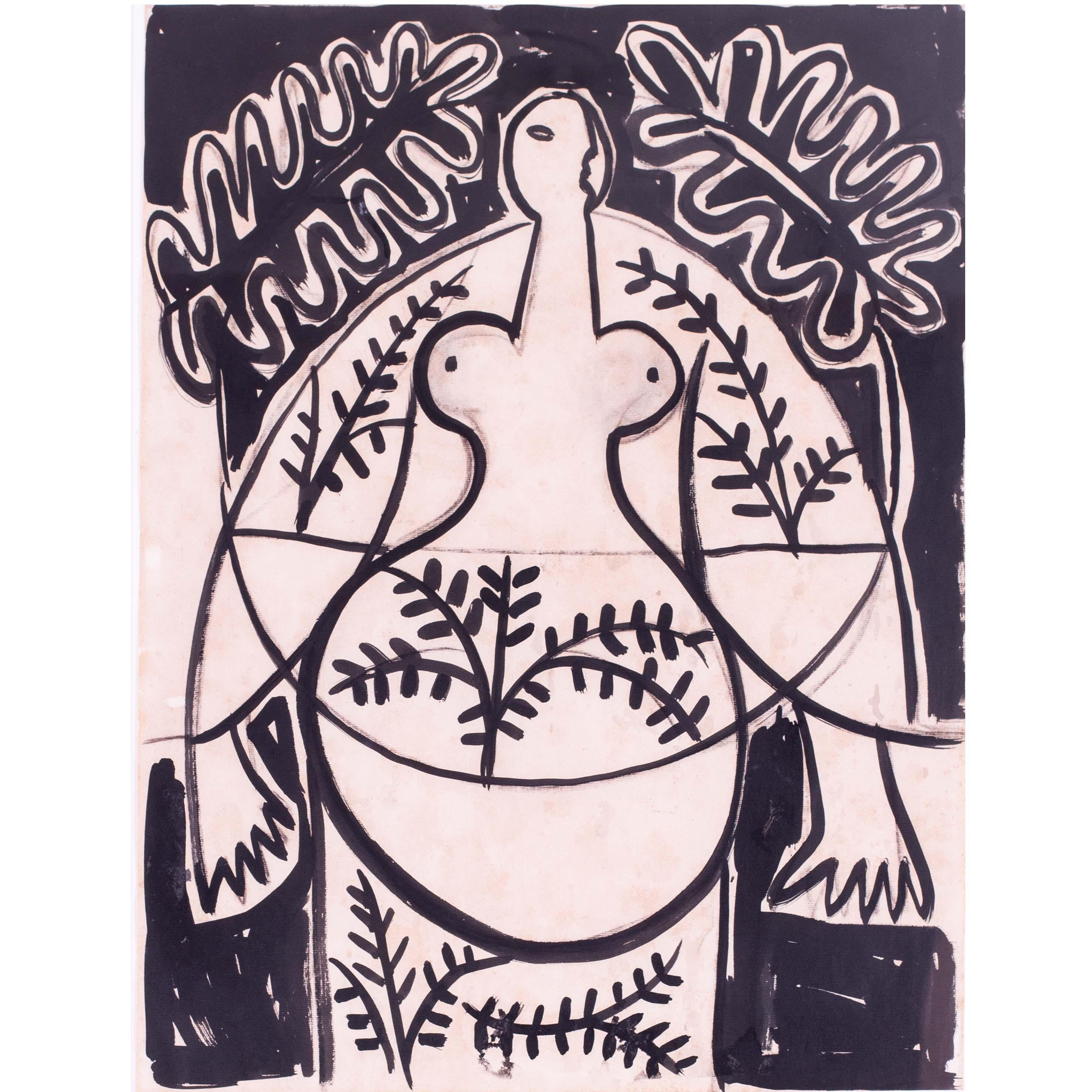 Polist, 20th Century 'Earth Mother', charcoal and ink on paper, abstract For Sale 1