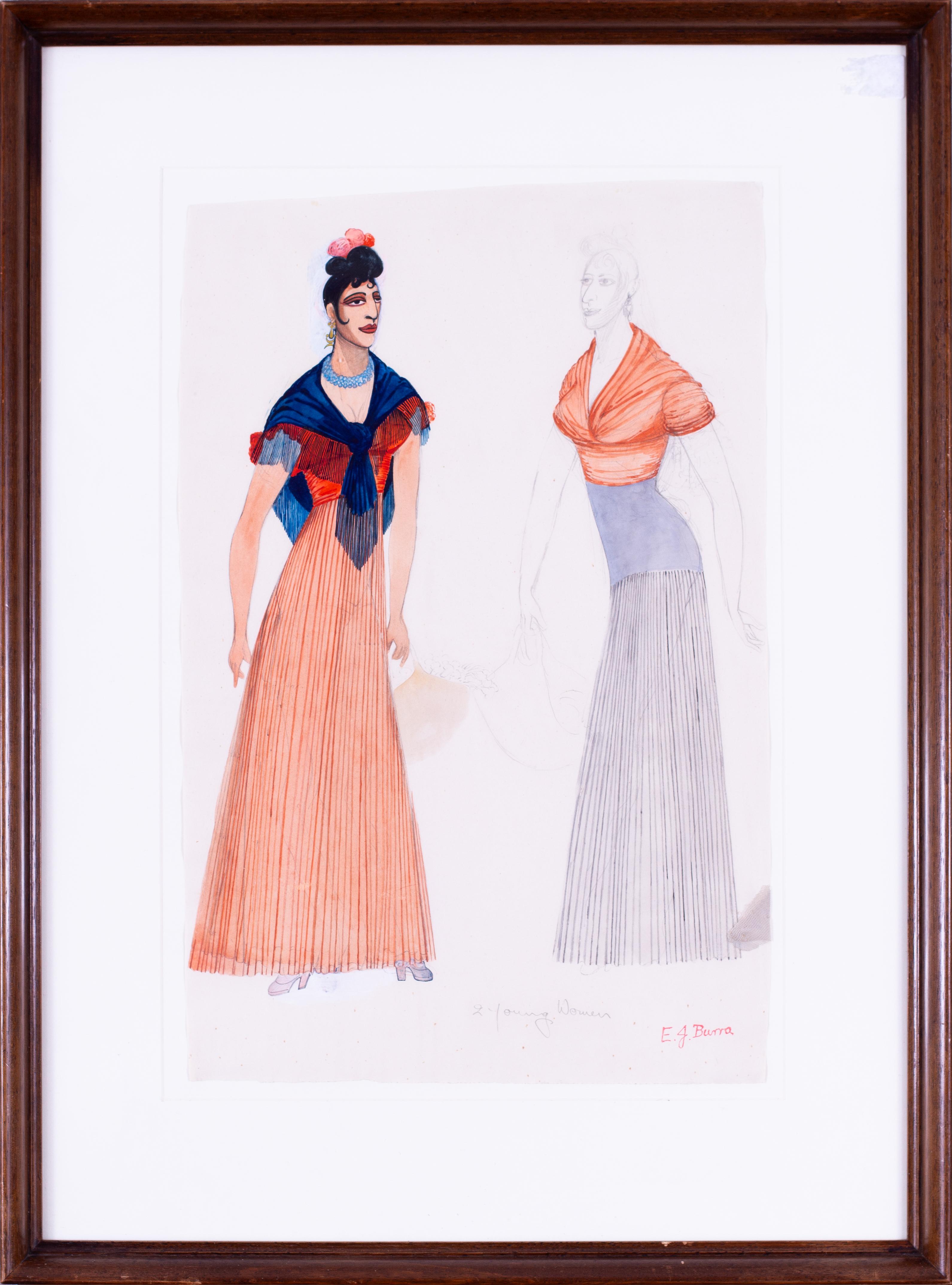 Acquerello originale di Edward Burra "Costume per due giovani donne in Carmen".