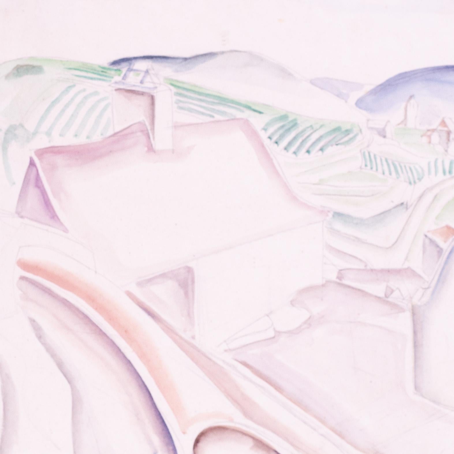 Artista británica Jessica Dismorr 'Paisaje italiano', lápiz acuarelable en venta 3