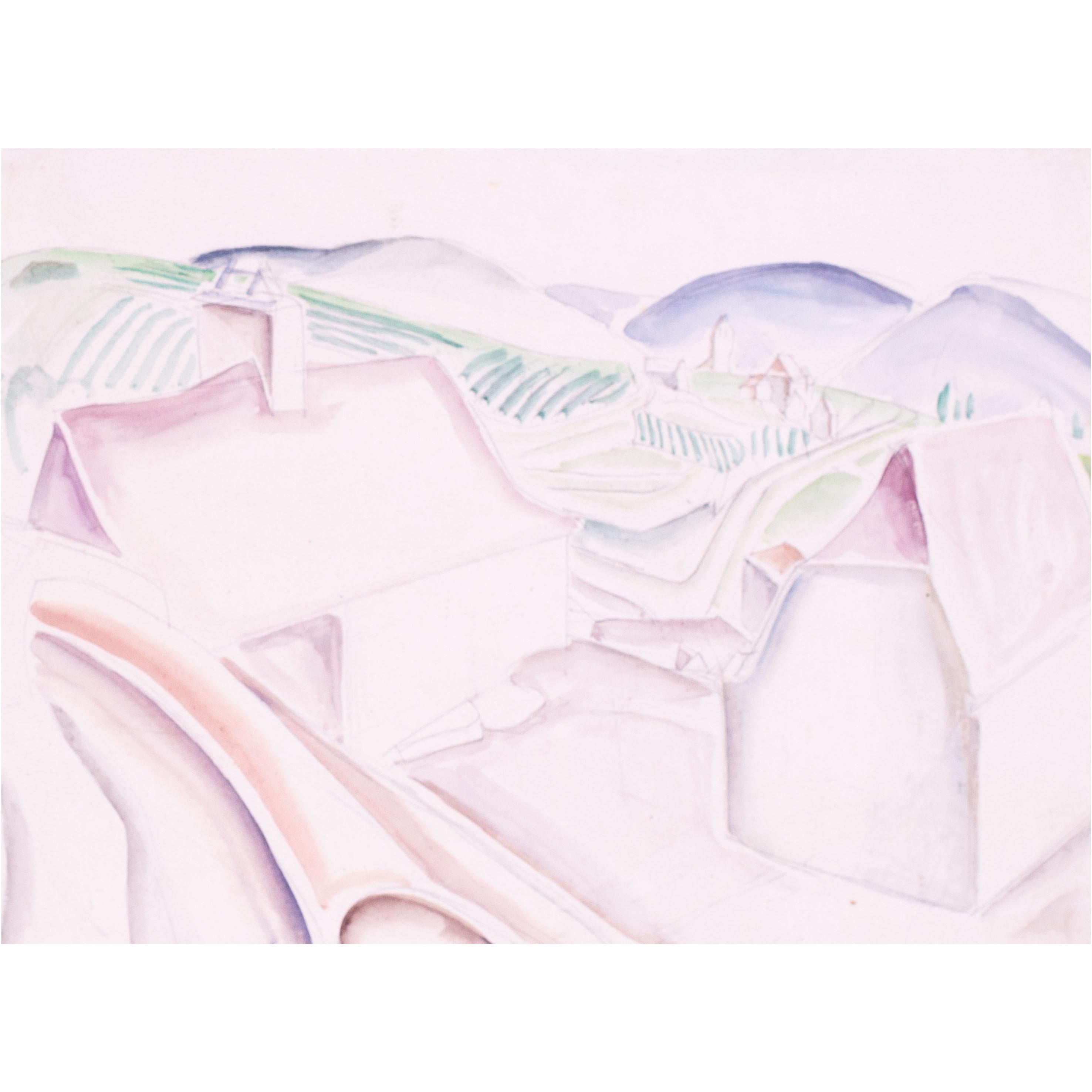 Artista británica Jessica Dismorr 'Paisaje italiano', lápiz acuarelable en venta 5