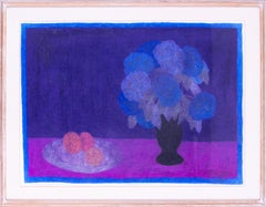 Vintage Bernard Myers pastel on paper 'Blue Hydrangeas', British 20th Century still life
