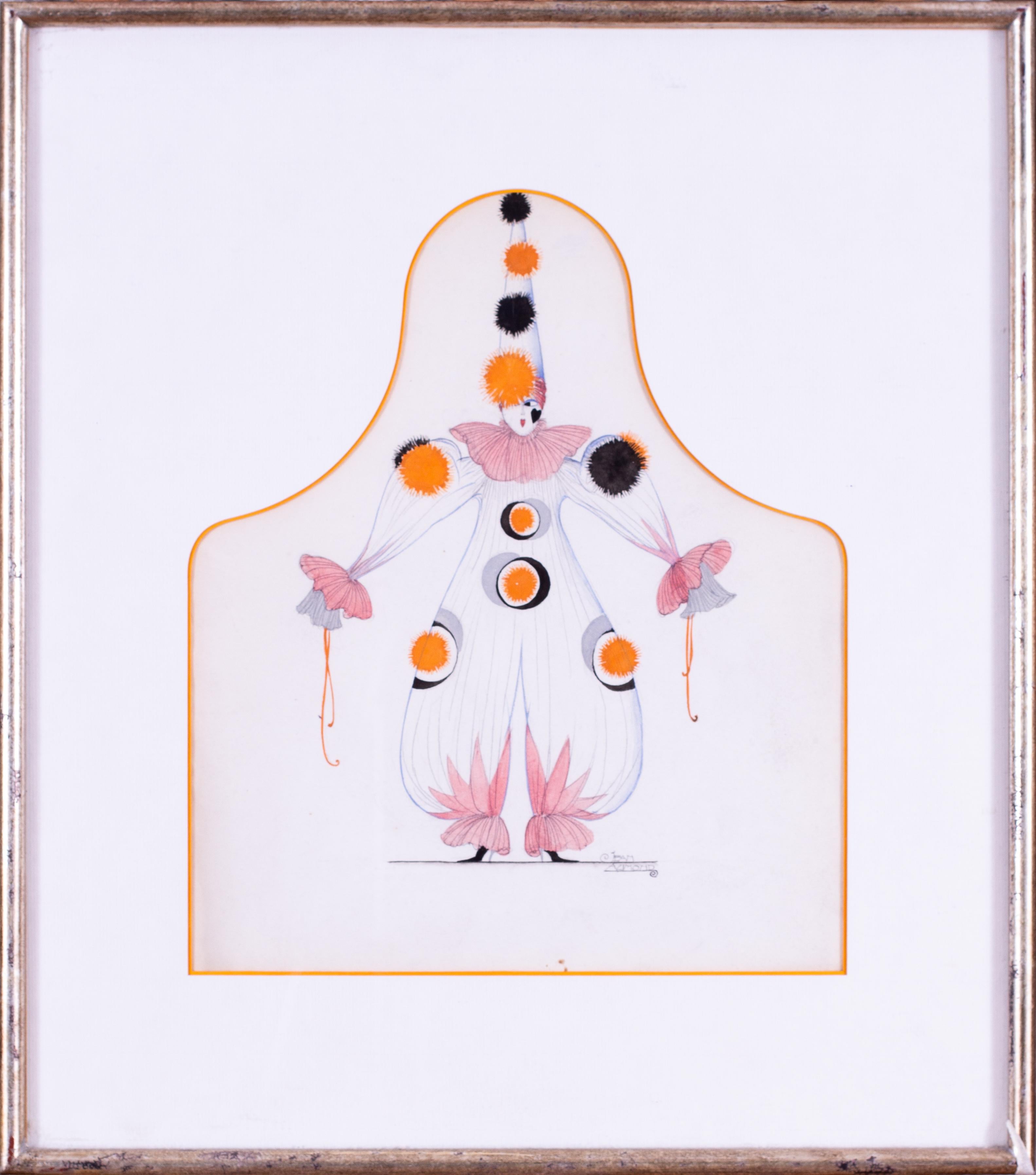 Un affascinante e vivace studio sull
Art Déco, Clown mette in mostra l
approccio giocoso di Jean Aumond al costume, al colore e al personaggio. Firmata Jean Aumond in basso a destra, quest
opera su carta combina matita, acquerello e tocchi di