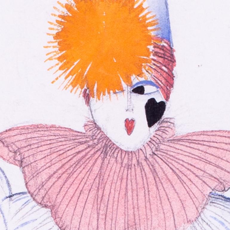 Clown Art Deco con pom pom arancione e nero, fronzoli rosa, francese di Jean Aumond in vendita 2