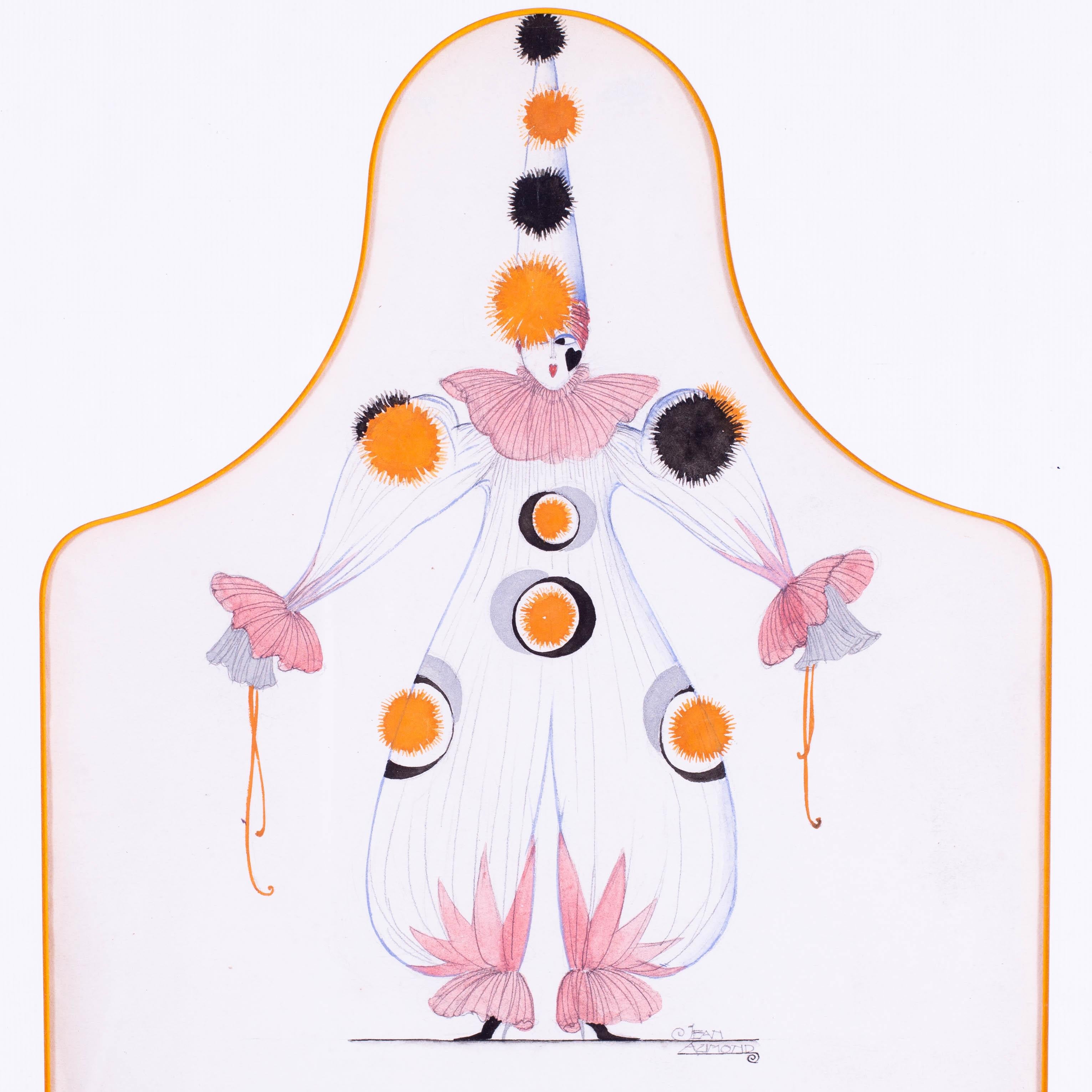 Clown Art Deco con pom pom arancione e nero, fronzoli rosa, francese di Jean Aumond in vendita 5