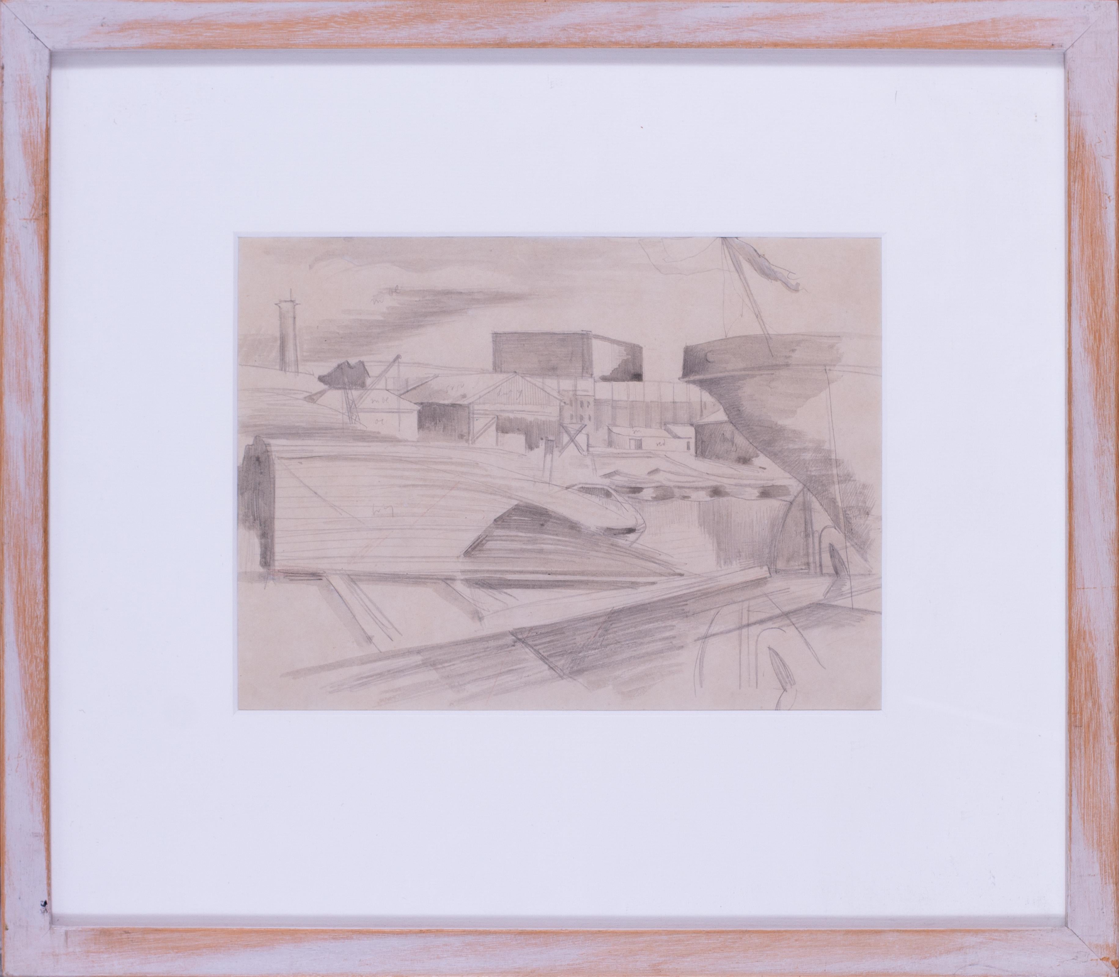 Landscape Art di John Northcote Nash CBE RA - John Northcote Nash "Il cantiere navale", matita, lavatura su carta, inglese, XX secolo.