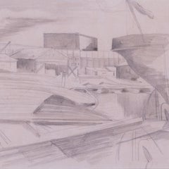 John Nash 'The boatyard' crayon, lavis sur papier, britannique, 20e siècle