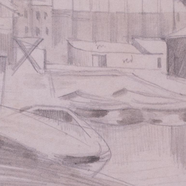 John Northcote Nash CBE, RA (Regno Unito, 1893 - 1977) 
Il Cantiere Nautico
Circa 1945 (forse Ipswich)
Matita e lavatura su carta
7.5/8 x 10.1/2 in. (19.1/2 x 26.8 cm.)
Provenienza: David Wolfers, New Grafton Gallery, Londra
