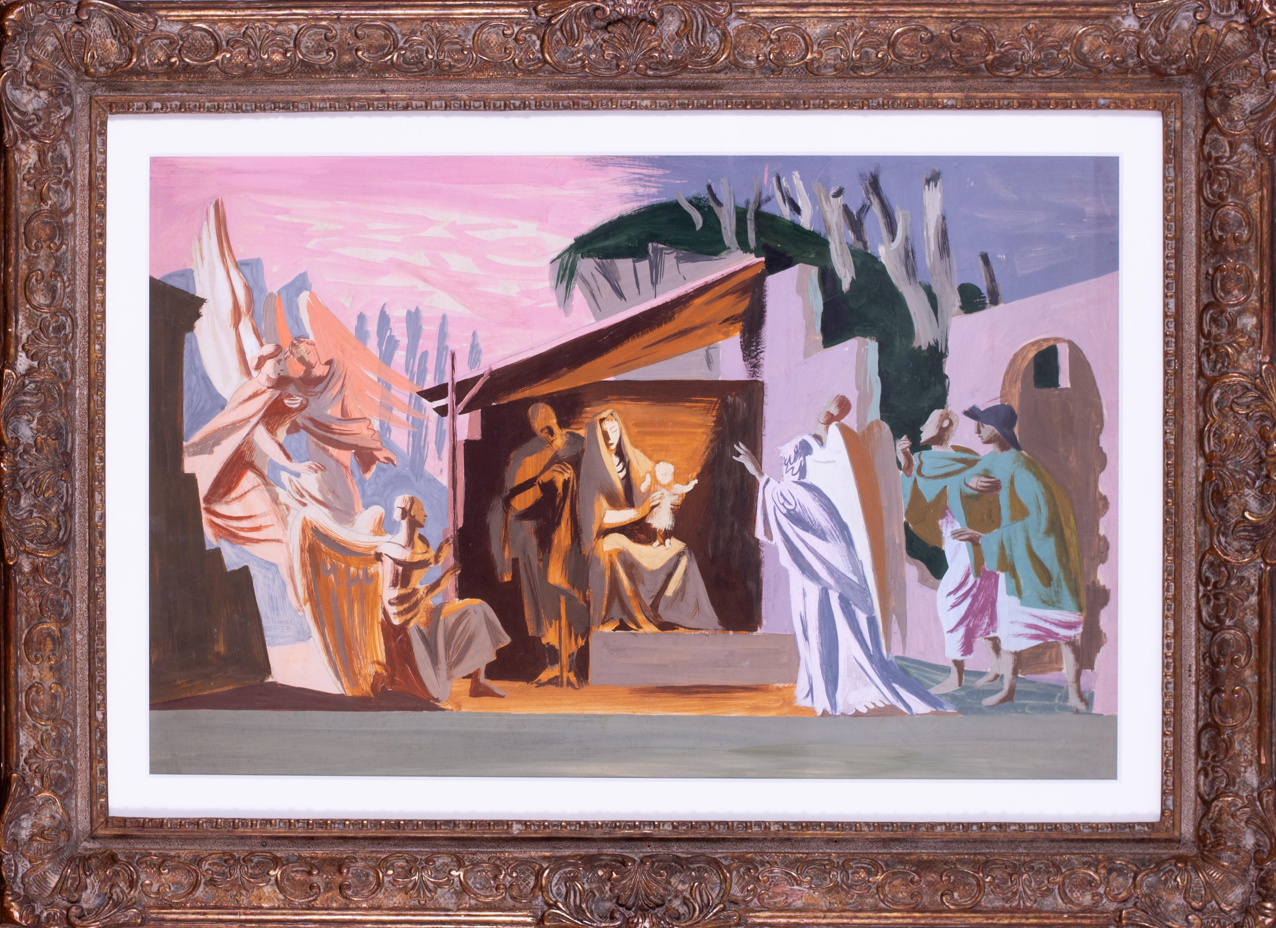 The Nativity, British, 20th Century artist Hans Feibusch, pencil, gouache, paper