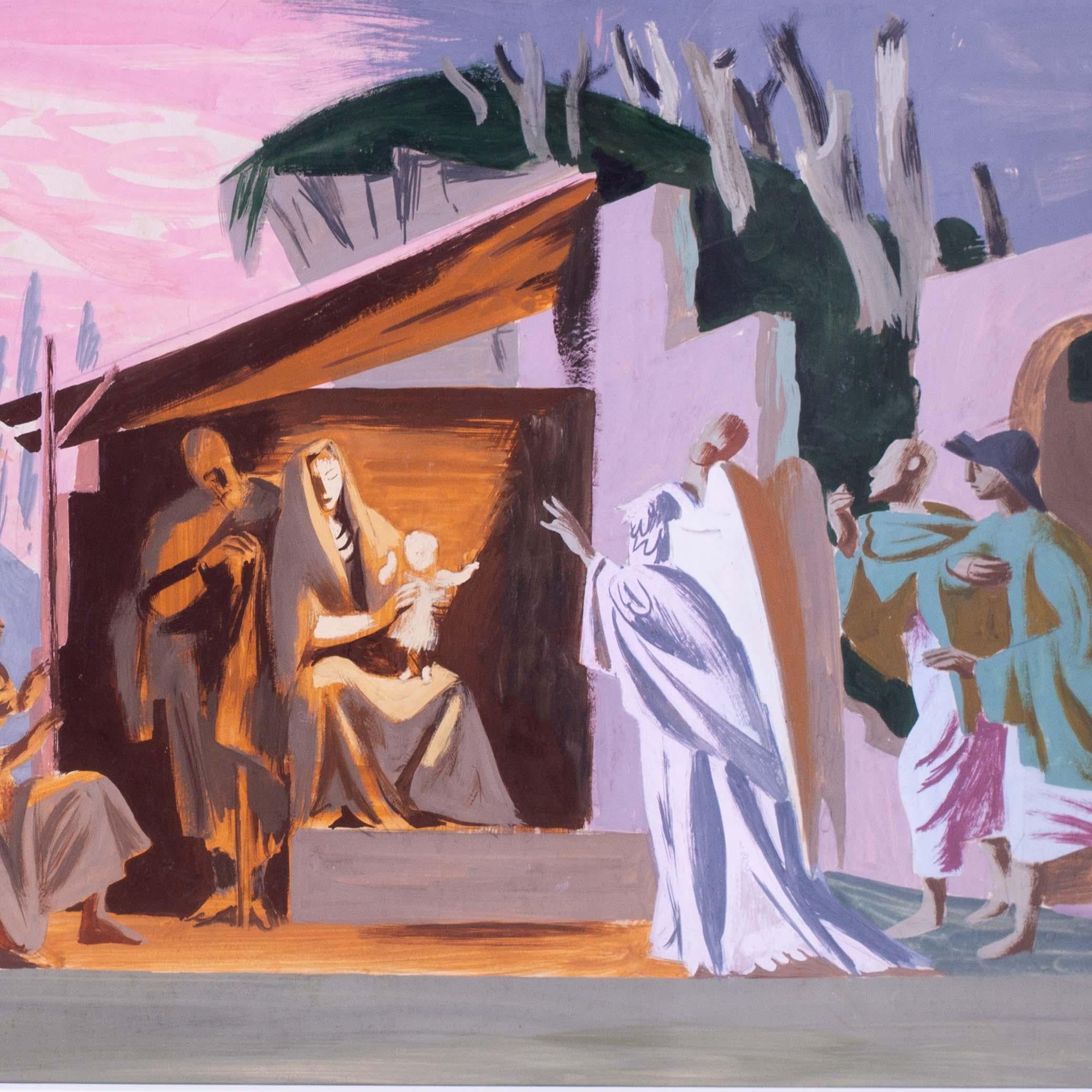 La Nativité, artiste britannique du 20e siècle Hans Feibusch, crayon, gouache, papier en vente 1