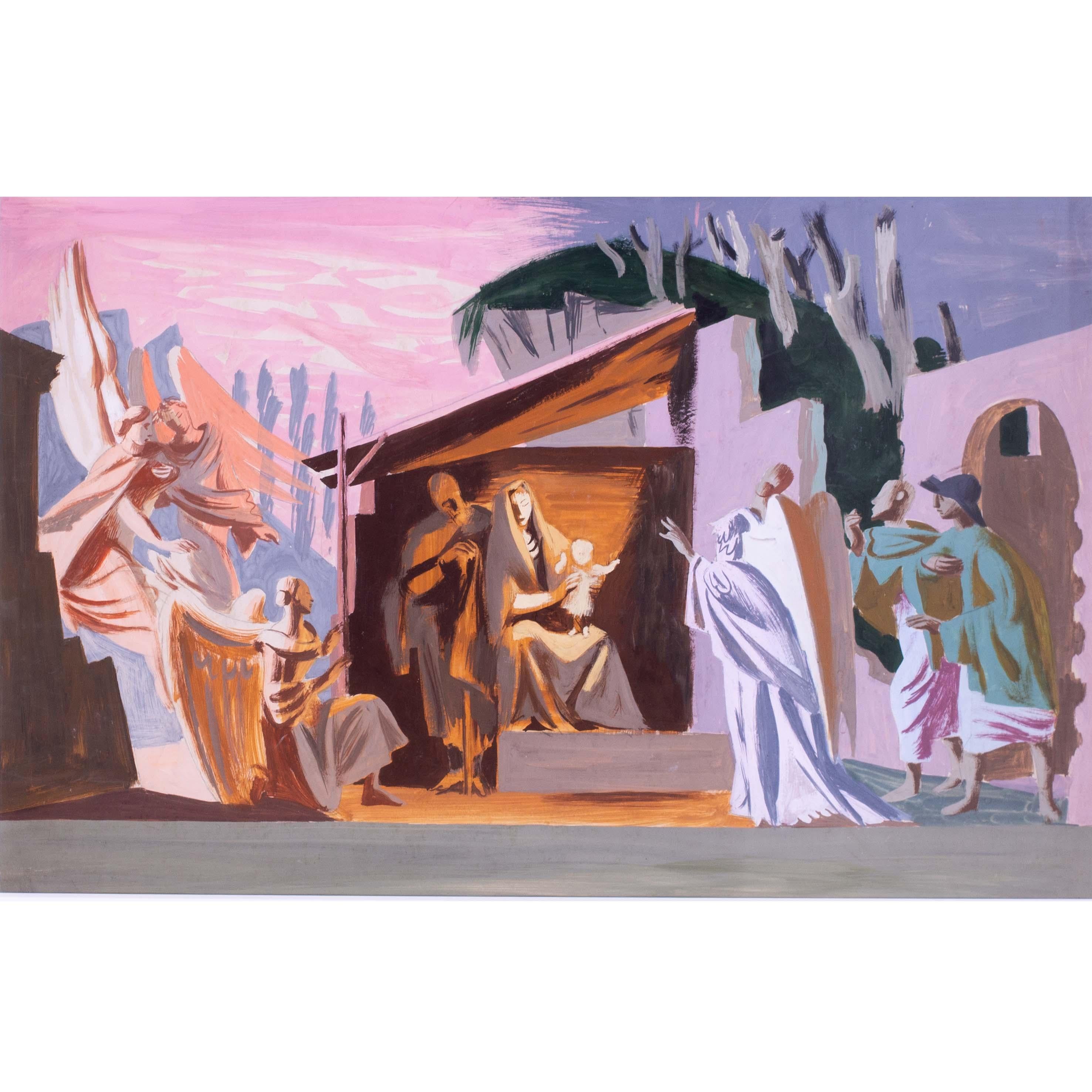 La Nativité, artiste britannique du 20e siècle Hans Feibusch, crayon, gouache, papier en vente 6
