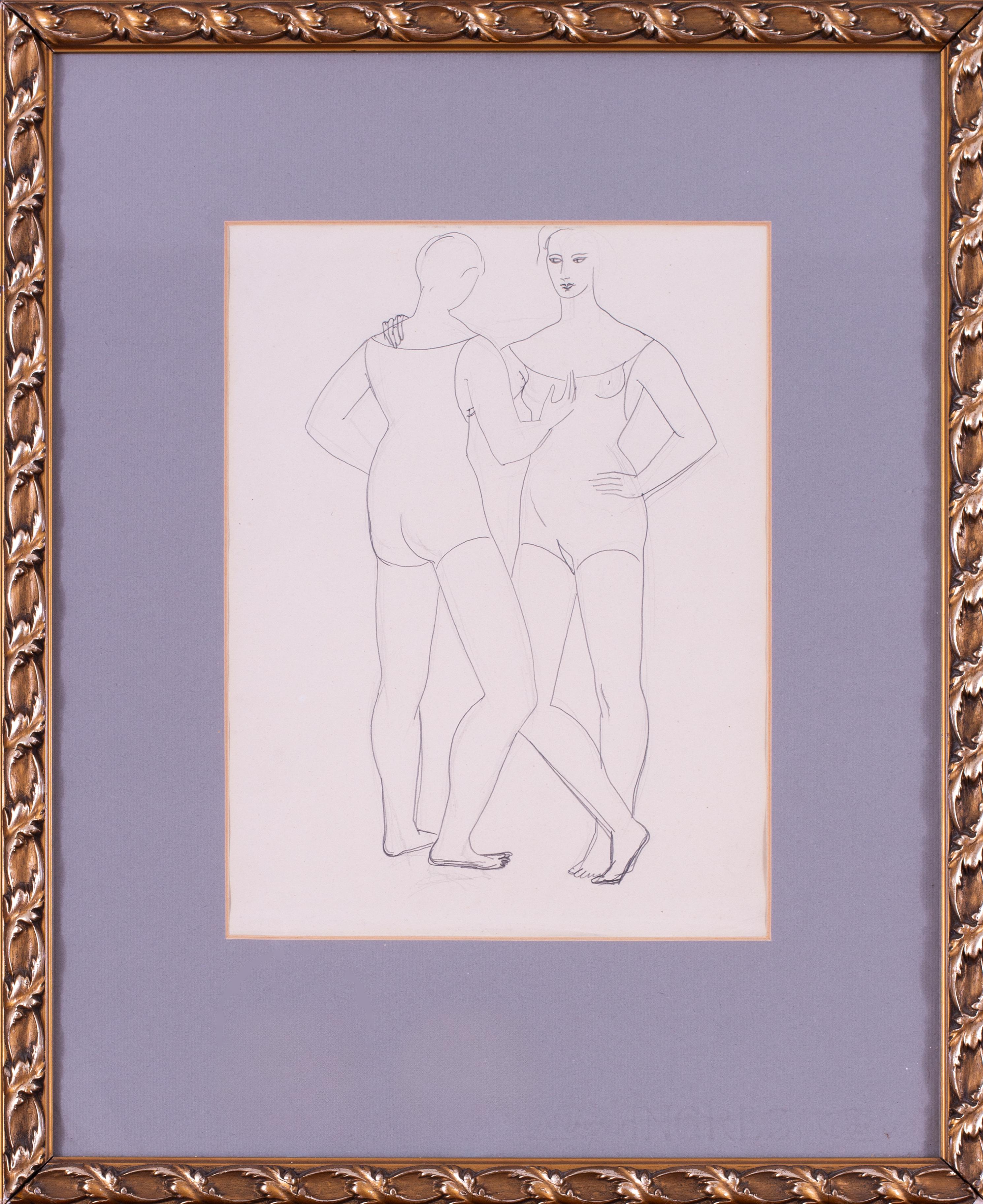 Christopher Wood 1927 drawing of Bathers at Cannes, pencil on paper, inscribed