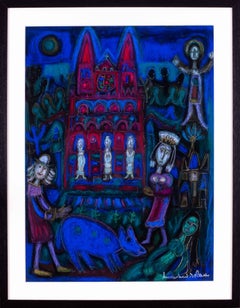 Dibujo al pastel surrealista francés Delante de la iglesia" de Marchand des Raux