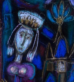 Dibujo al pastel surrealista francés Delante de la iglesia" de Marchand des Raux