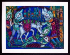 Dibujo al pastel surrealista francés La caída del caballo" de Marchand des Raux