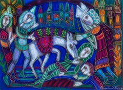 Dibujo al pastel surrealista francés La caída del caballo" de Marchand des Raux