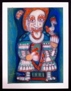 Französische surrealistische Pastellzeichnung „Der König und der Vogel“ von Marchand des Raux
