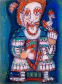 Französische surrealistische Pastellzeichnung  „Der König und der Vogel“ von Marchand des Raux