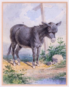 Acuarela británica del siglo XIX que representa a un burro en un cruce de caminos