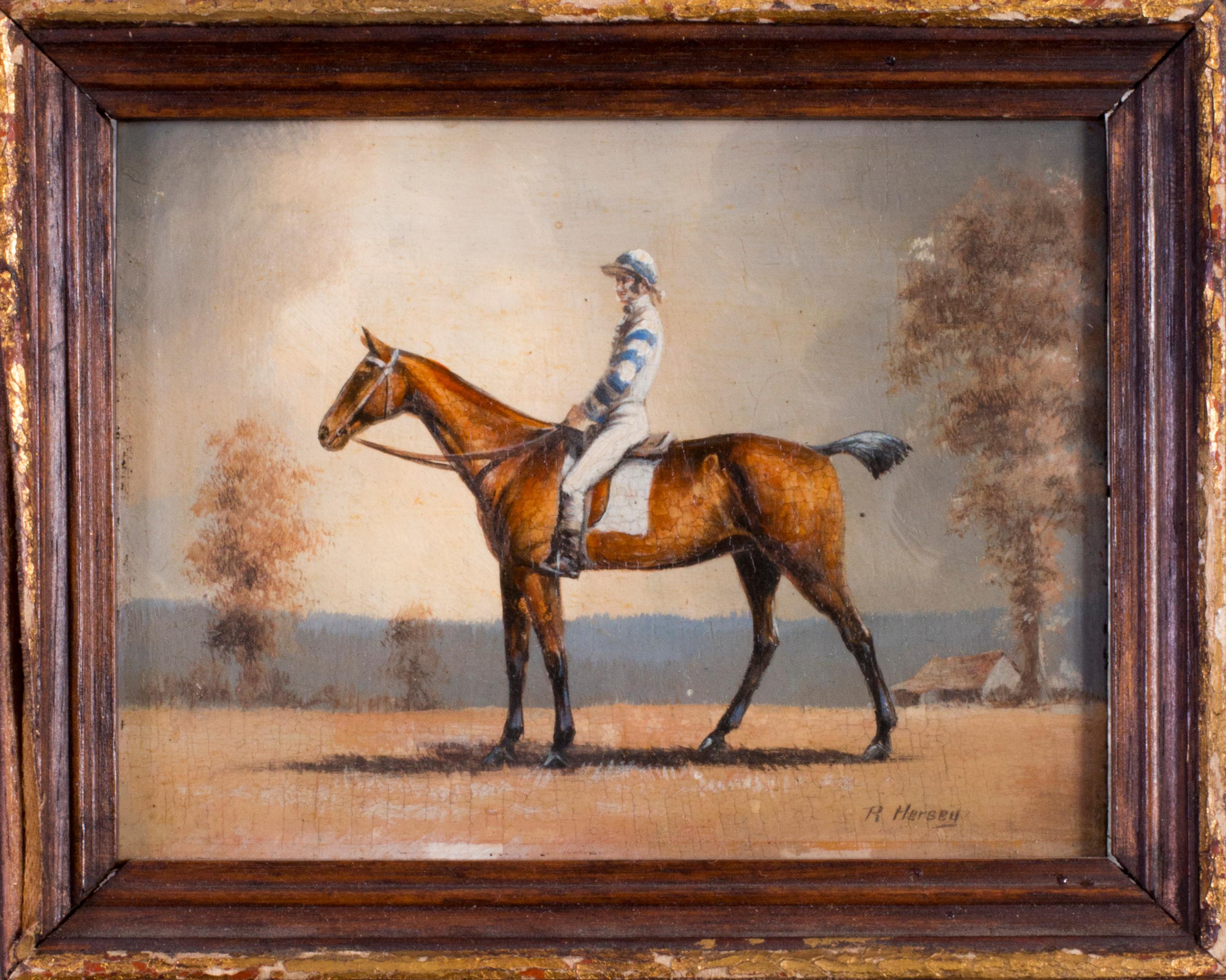 Bob Hersey Animal Painting - Jockeys and their mount (set of 4 miniature oil paintings of jockeys and horses)