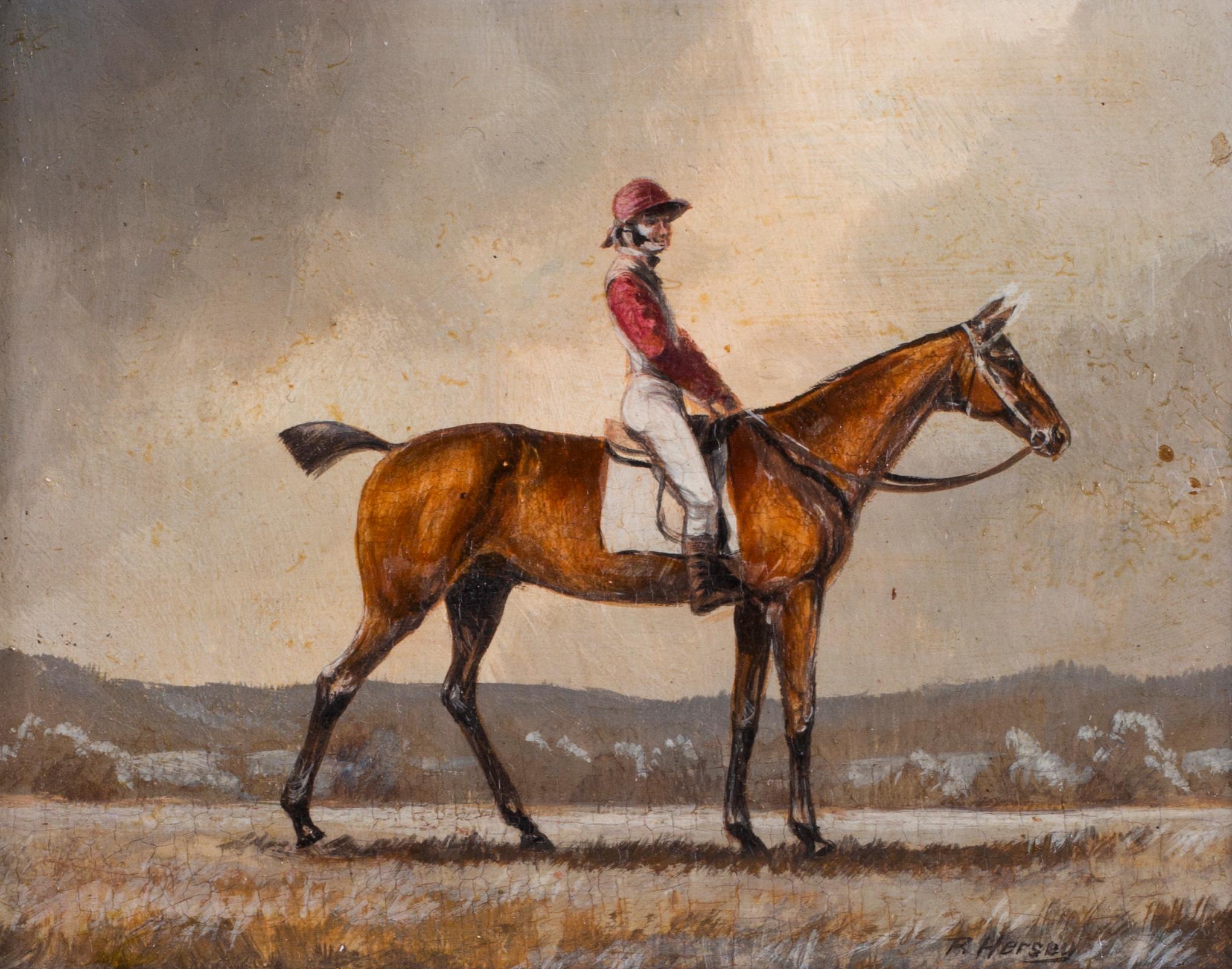 Jockeys and their mount (set of 4 miniature oil paintings of jockeys and horses) 3