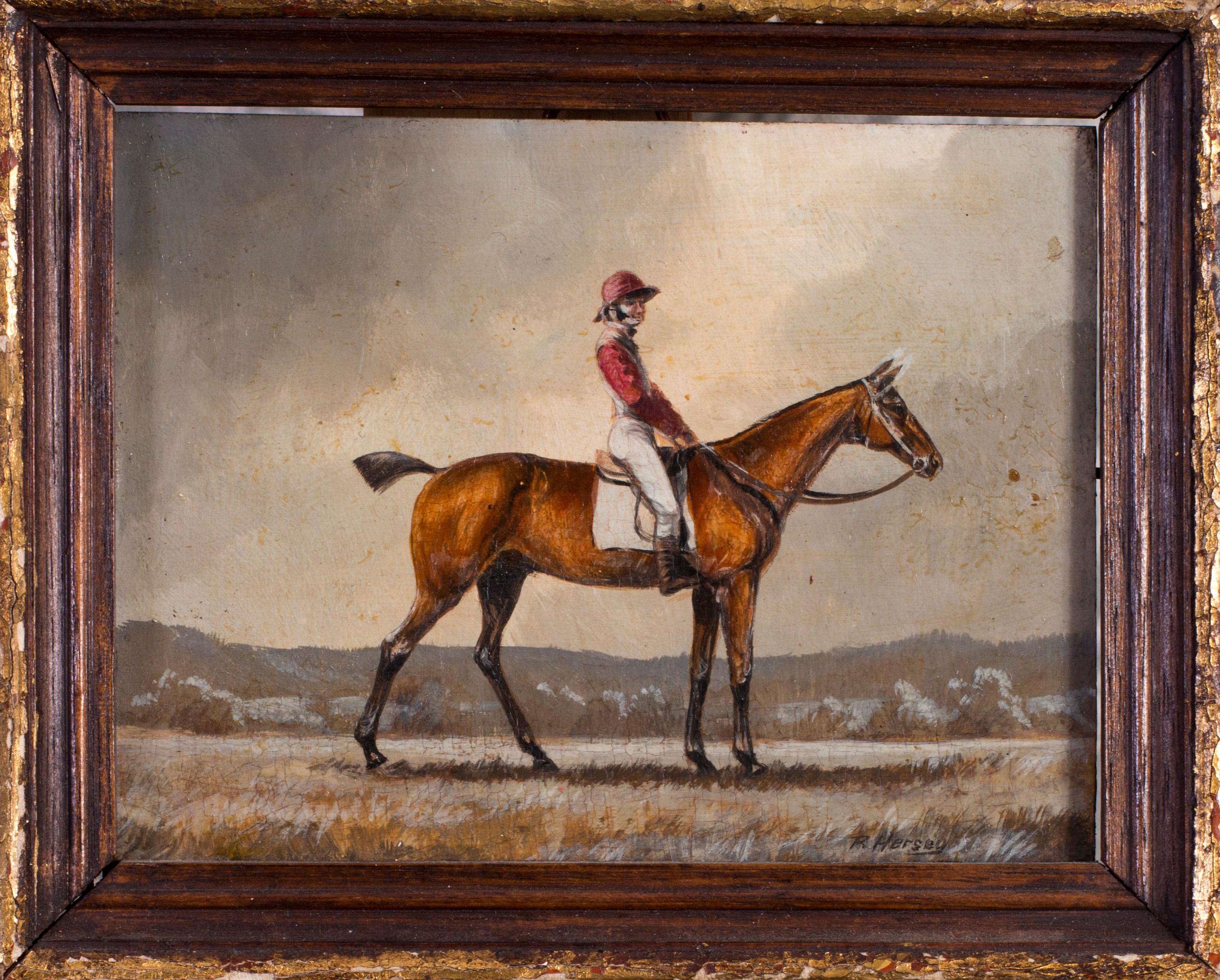 Jockeys and their mount (set of 4 miniature oil paintings of jockeys and horses) 5