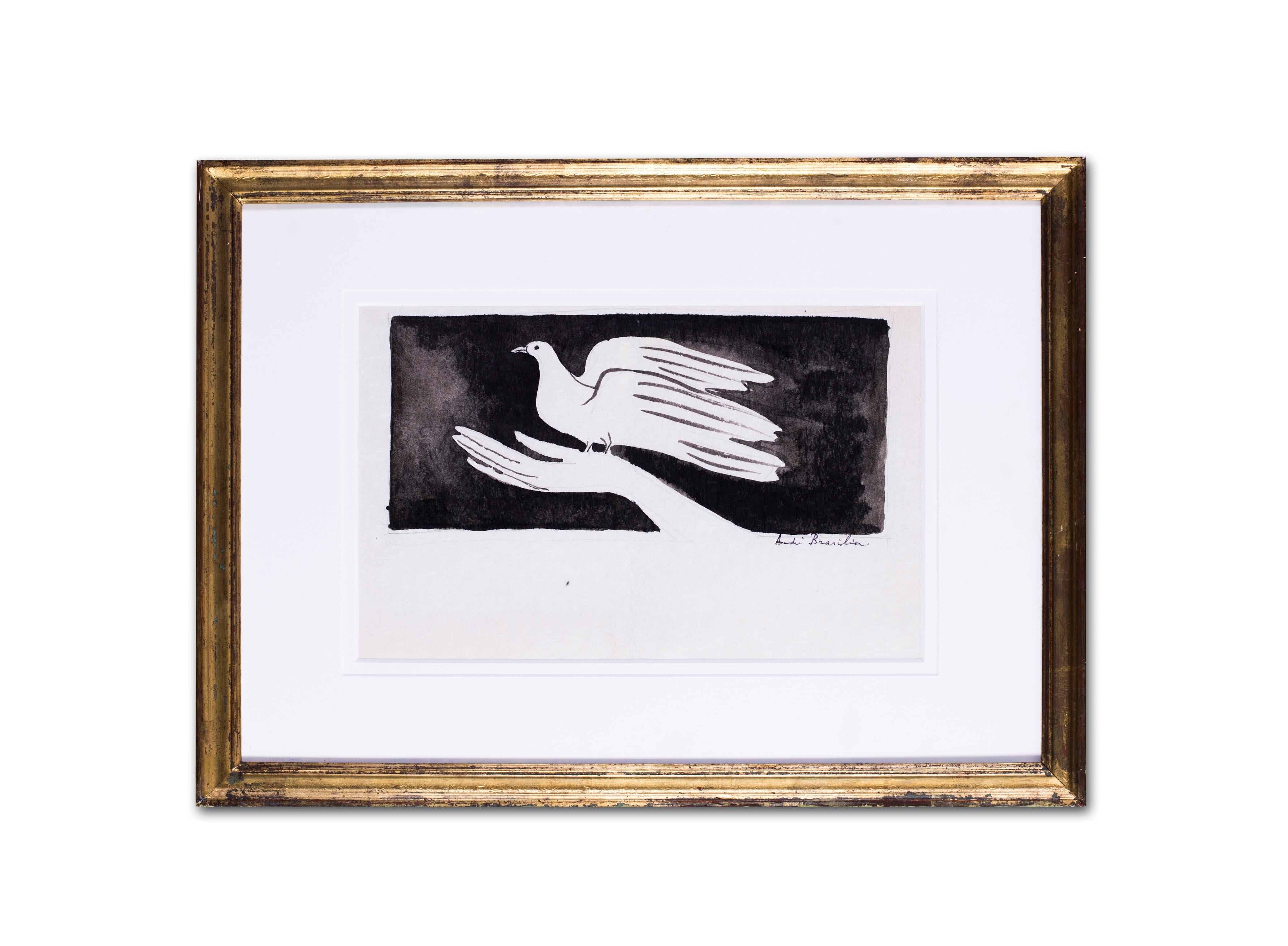 20th C French expressionist ink drawing of a dove in the hand by  Brasilier 1