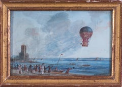 Antique A very early and rare watercolour documenting the first Aero Montgolfiere flight