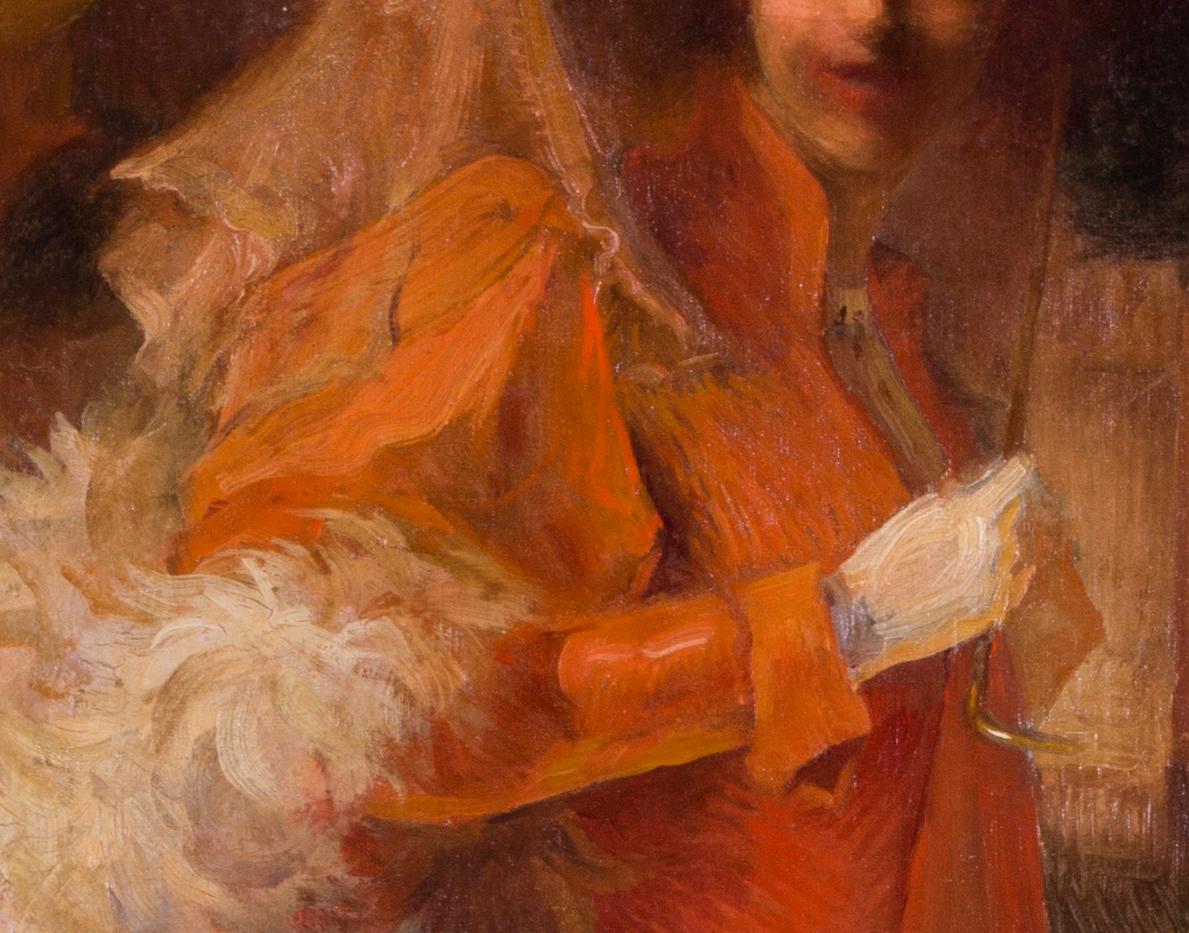 Pair of French Belle Epoque 19th Century oil paintings of ladies in orange 2