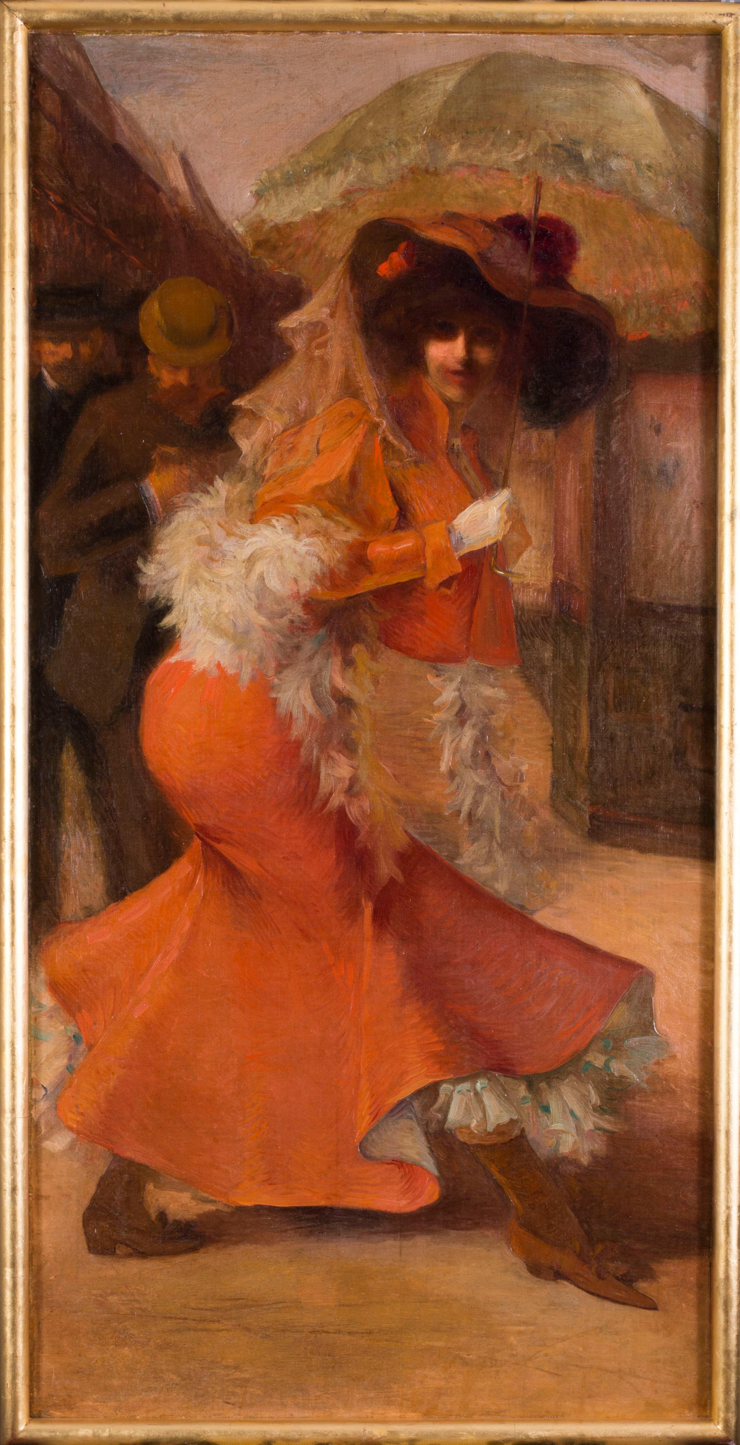 Pair of French Belle Epoque 19th Century oil paintings of ladies in orange - Painting by (Attributed to) Albert Guillaume
