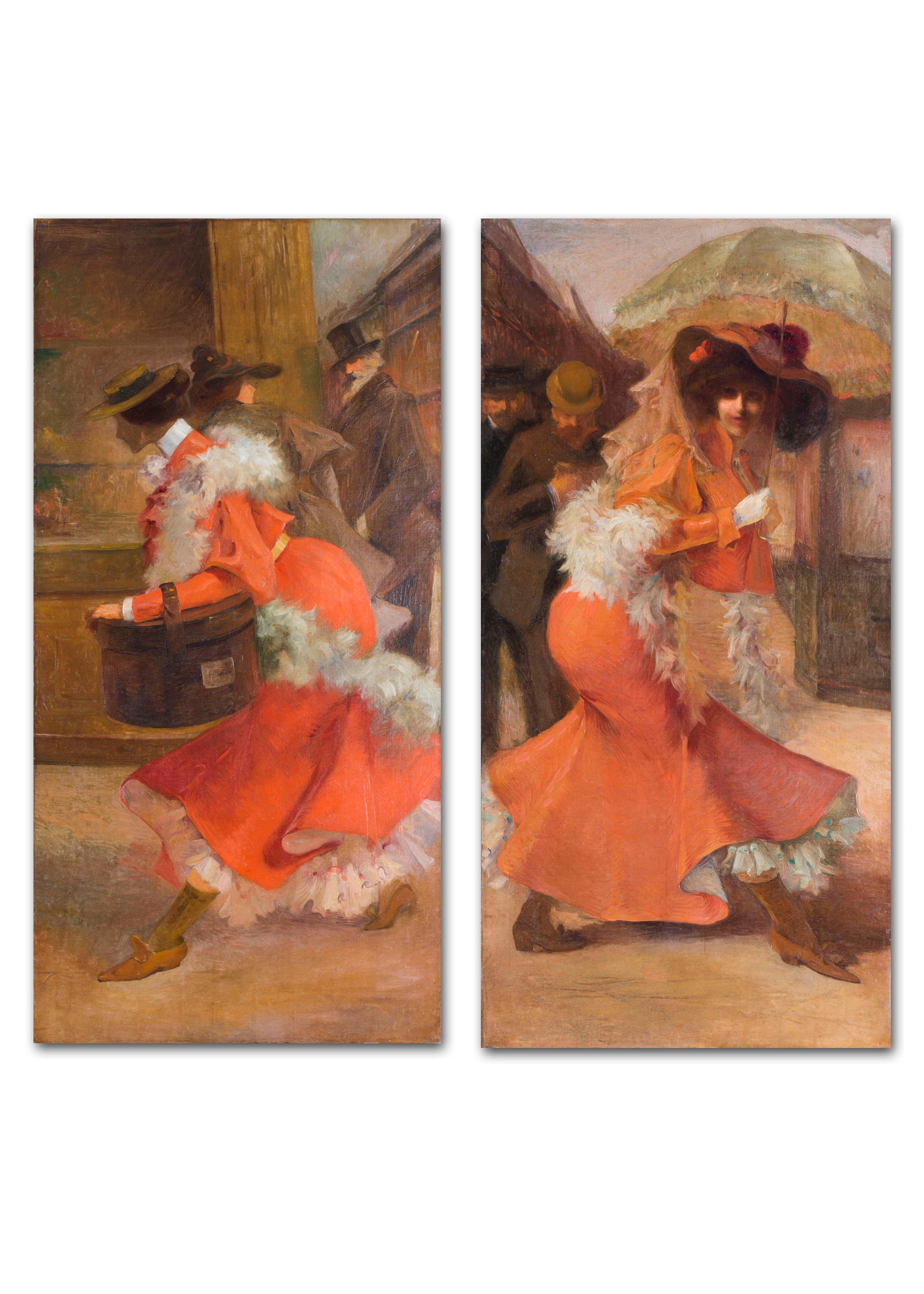 Pair of French Belle Epoque 19th Century oil paintings of ladies in orange 9