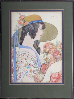 British early 20th Century watercolour painting of a lady in a hat holding roses