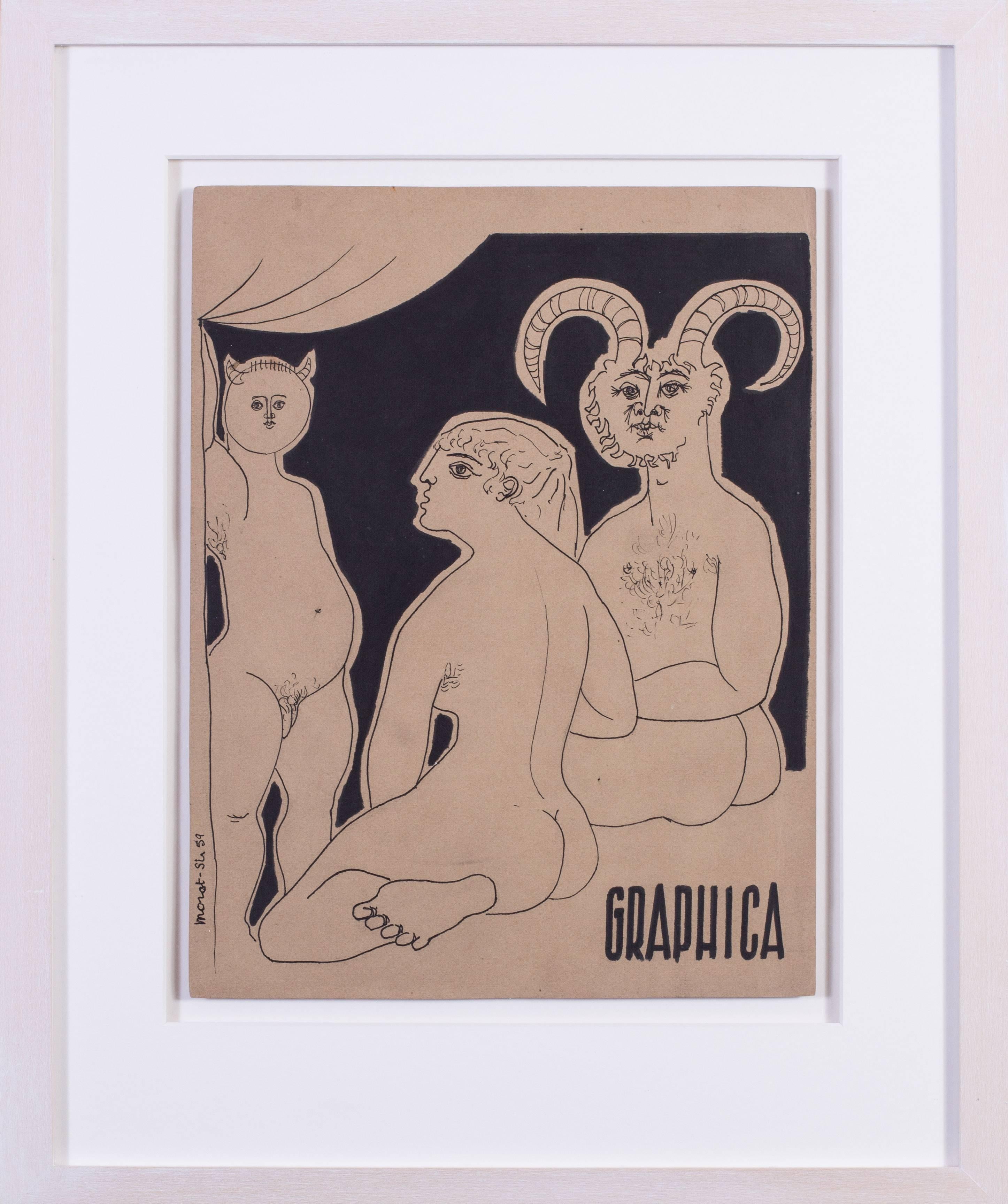 Original mid 20th Century French drawing by Expressionist Morot-Sir 'Graphica'