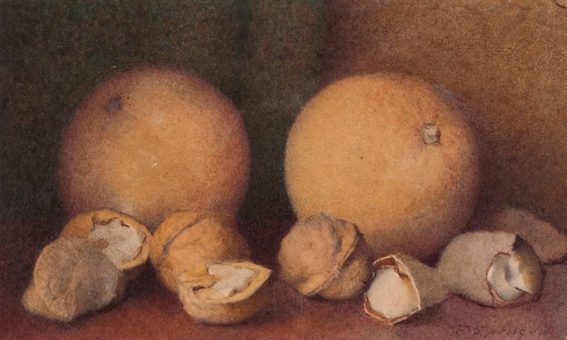 British early 20th Century small still life painting of oranges and nuts - Art by Fred Spencer