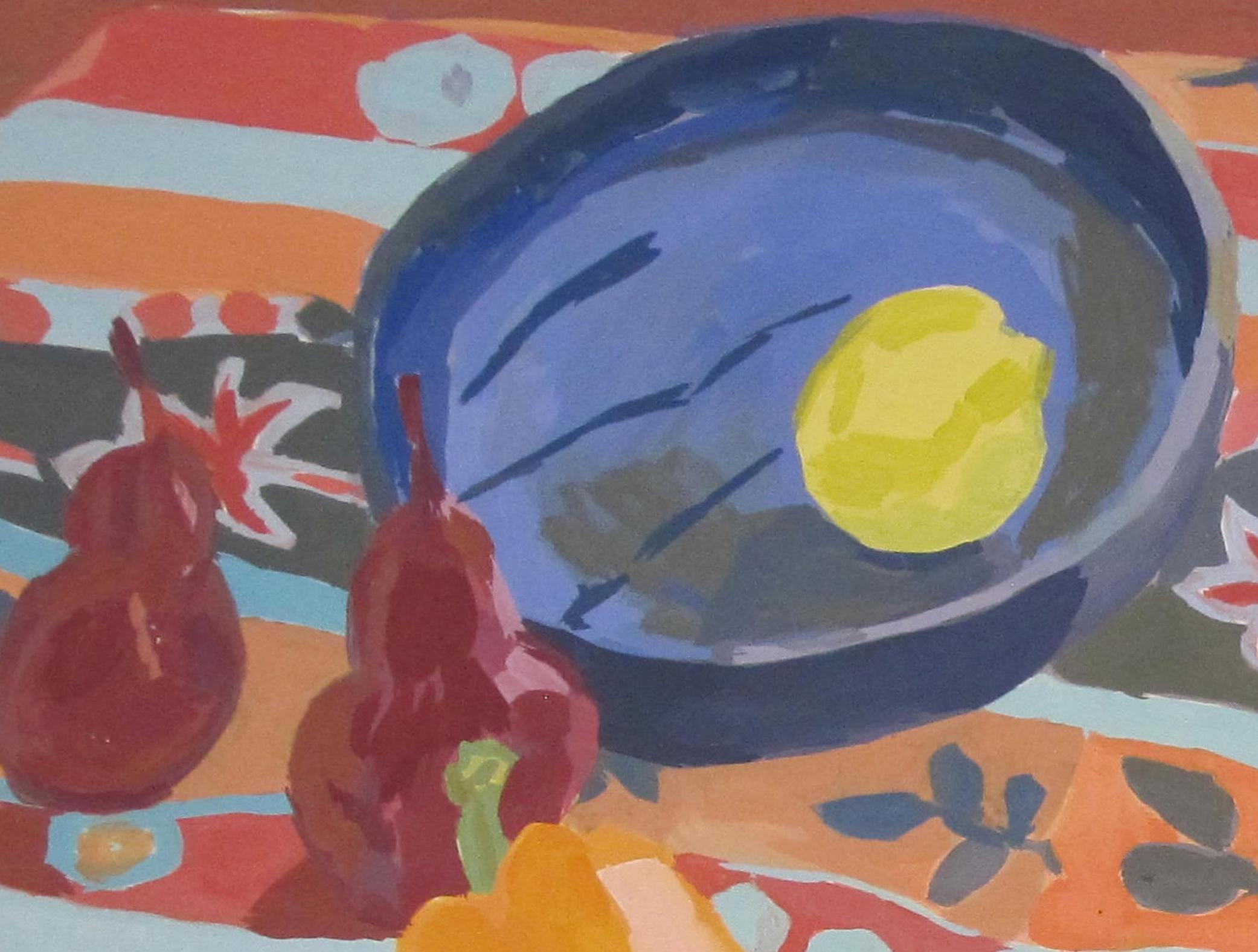 Rosie Montford (British, 20th /21st Century)
Still life with bowls and peppers, 1995
Oil on canvas
Signed, titled and dated on the reverse
86 x 124 cm.

This particular example of Rosie Montford's work illustrates her power with colour and form over