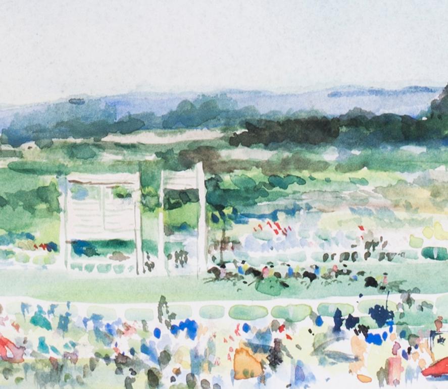 Ascot Racecourse, British 20th Century watercolour by Charles Mozley - Gray Landscape Art by Charles Mozley 