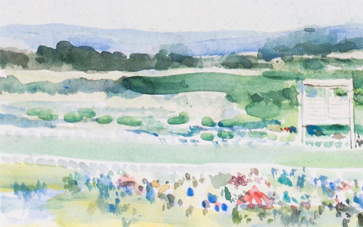 Charles Mozley (British, b. 1948)
At the finishing post, Ascot Racecourse
Watercolour on paper
Signed, inscribed and dated ‘June 20th Ascot / Charles Mozley’ (lower right)
15.3/4 x 23.3/4 in. (40 x 60.5 cm.) 

The artist has conveyed the bright
